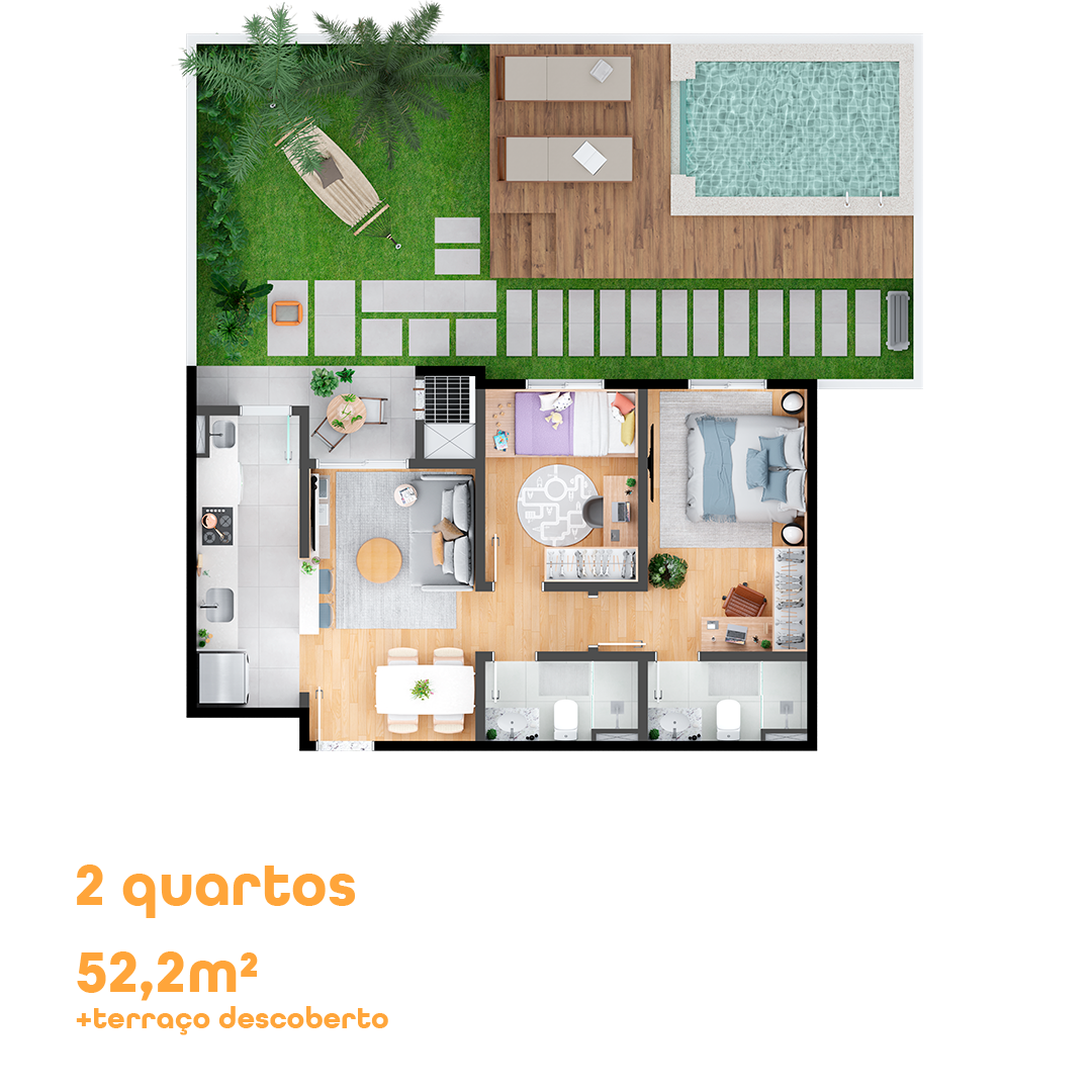 Planta Garden 2 quartos, 52,20 m²