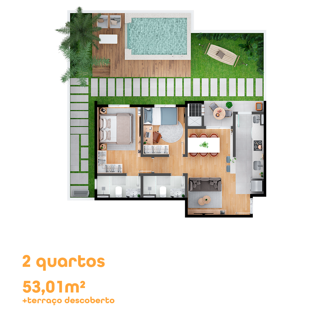 Planta Garden 2 quartos, 53,01 m²
