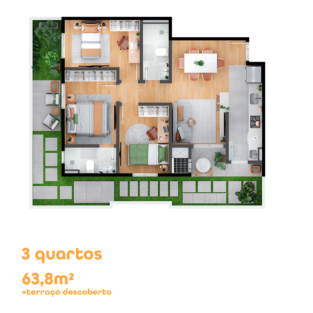 Planta Garden 3 quartos, 63,80 m²