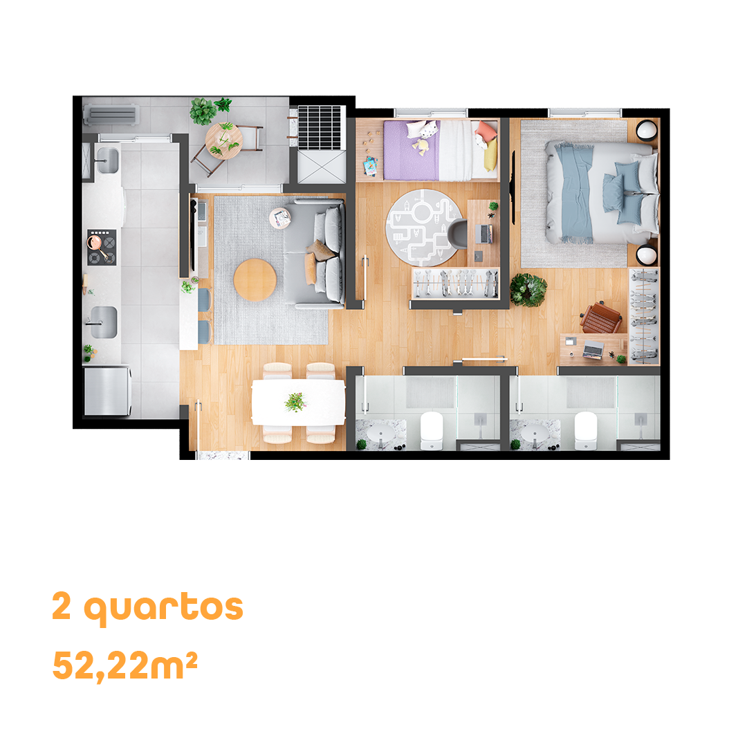 Planta Tipo 2 quartos, 52,22 m²